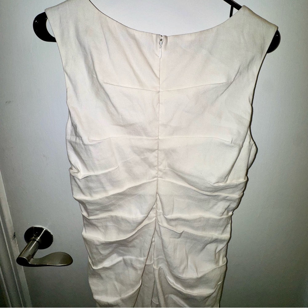 Artelier Nicole Miller Cream Ruched Midi Sleeveless Dress in Linen Blend - Picture 6 of 9